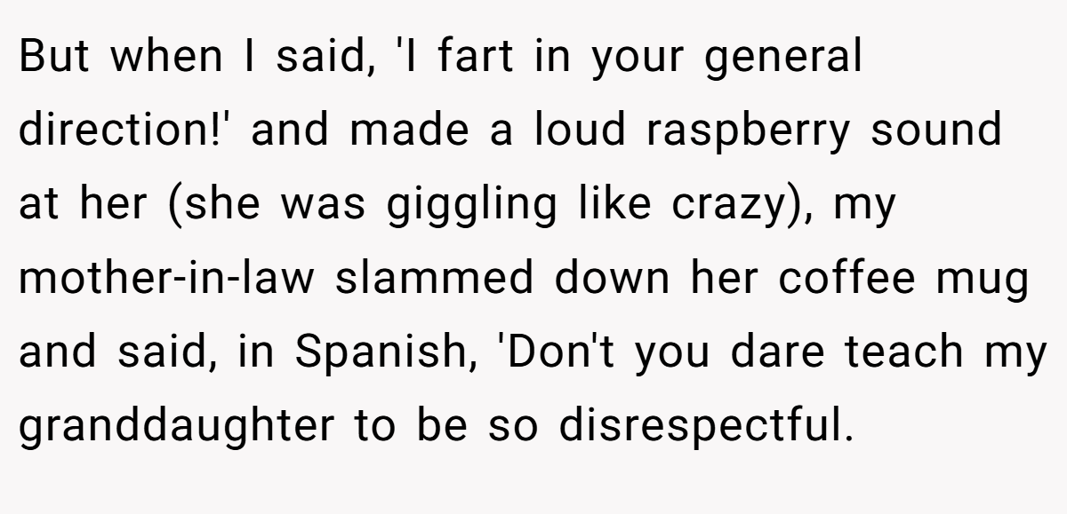 But when I said, 'I fart in your general direction!' and made a loud raspberry sound at her (she was giggling like crazy), my mother-in-law slammed down her coffee mug and said, in Spanish, 'Don't you dare teach my granddaughter to be so disrespectful.