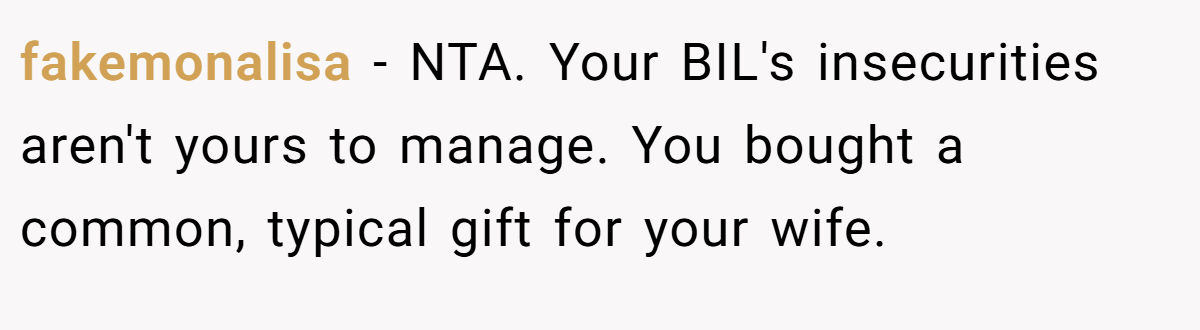 fakemonalisa − NTA. Your BIL's insecurities aren't yours to manage. You bought a common, typical gift for your wife.