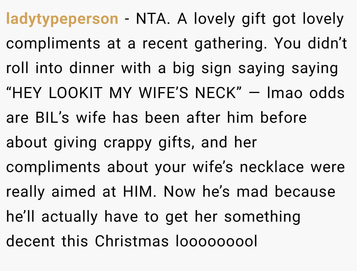 ladytypeperson − NTA. A lovely gift got lovely compliments at a recent gathering. You didn’t roll into dinner with a big sign saying saying “HEY LOOKIT MY WIFE’S NECK” — lmao odds are BIL’s wife has been after him before about giving crappy gifts, and her compliments about your wife’s necklace were really aimed at HIM. Now he’s mad because he’ll actually have to get her something decent this Christmas looooooool