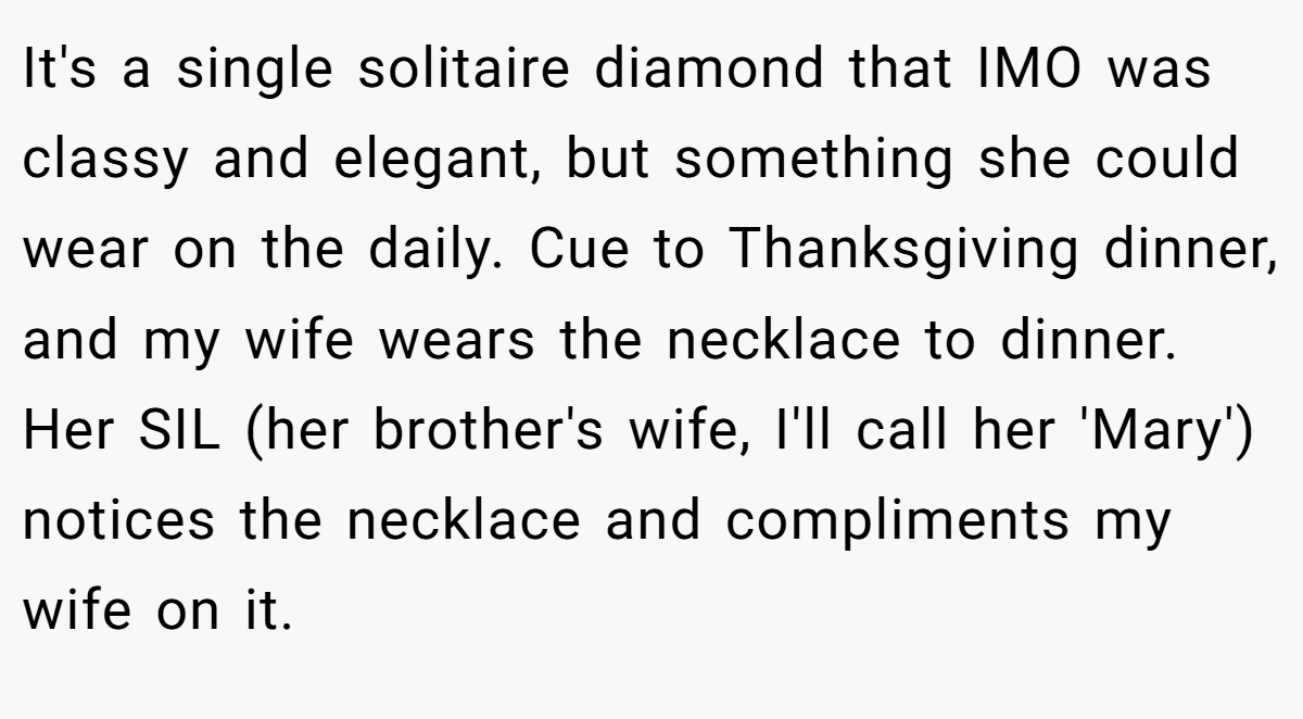 It's a single solitaire diamond that IMO was classy and elegant, but something she could wear on the daily. Cue to Thanksgiving dinner, and my wife wears the necklace to dinner. Her SIL (her brother's wife, I'll call her 'Mary') notices the necklace and compliments my wife on it.