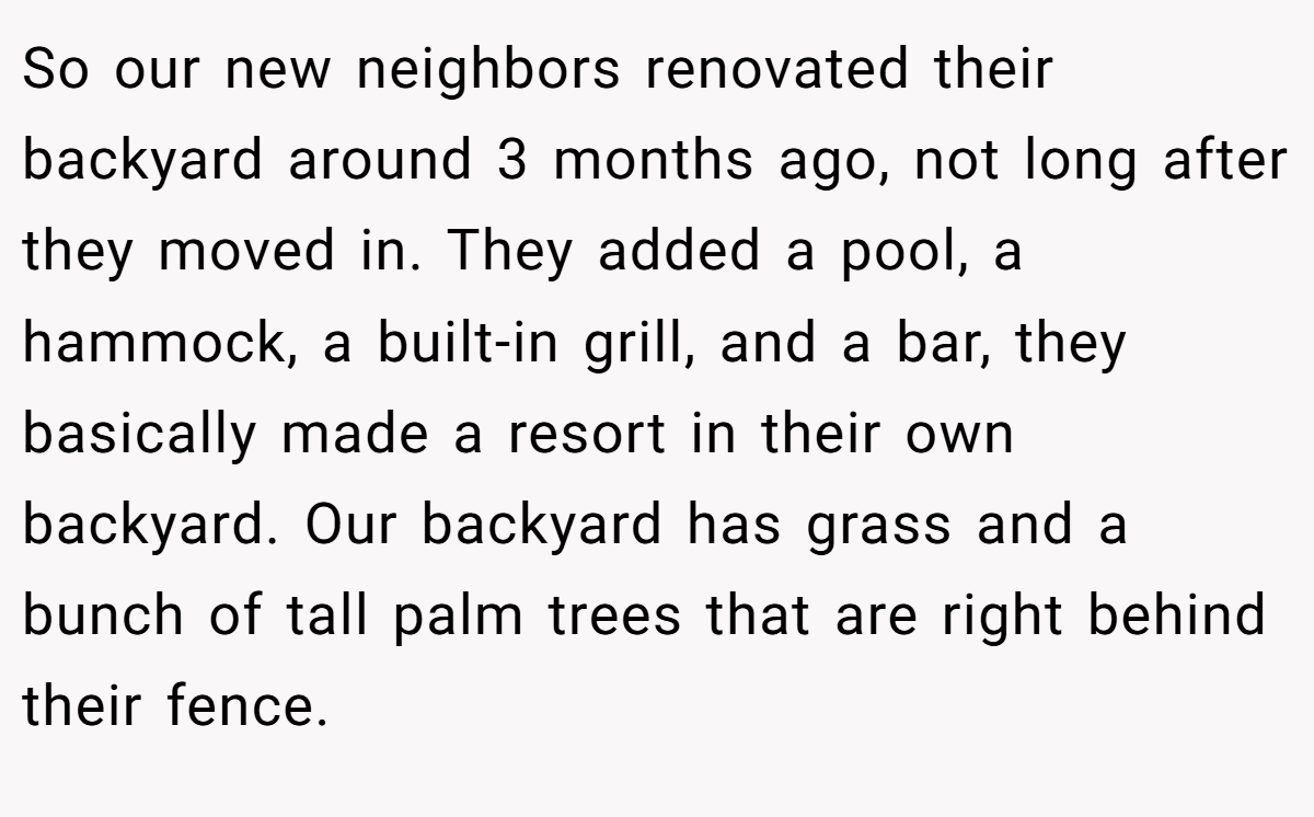 So our new neighbors renovated their backyard around 3 months ago, not long after they moved in. They added a pool, a hammock, a built-in grill, and a bar, they basically made a resort in their own backyard. Our backyard has grass and a bunch of tall palm trees that are right behind their fence.