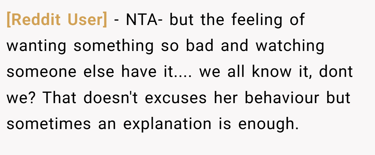 [Reddit User] − NTA- but the feeling of wanting something so bad and watching someone else have it.... we all know it, dont we? That doesn't excuses her behaviour but sometimes an explanation is enough.