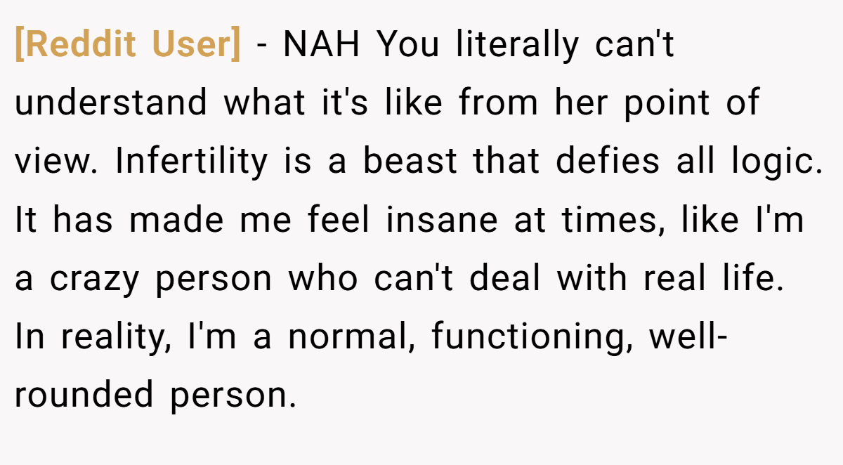 [Reddit User] − NAH You literally can't understand what it's like from her point of view. Infertility is a beast that defies all logic. It has made me feel insane at times, like I'm a crazy person who can't deal with real life. In reality, I'm a normal, functioning, well-rounded person.
