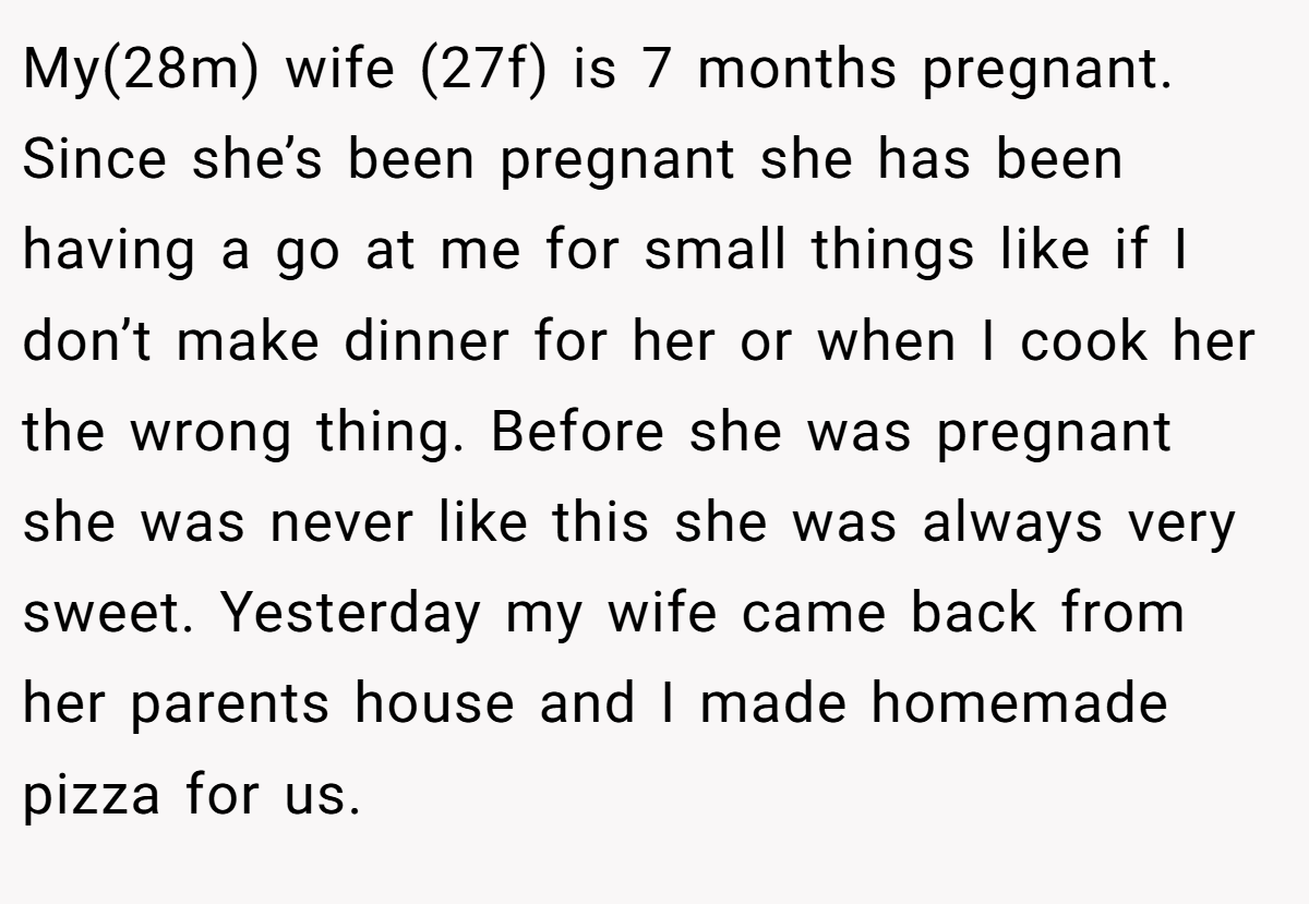 My(28m) wife (27f) is 7 months pregnant. Since she’s been pregnant she has been having a go at me for small things like if I don’t make dinner for her or when I cook her the wrong thing. Before she was pregnant she was never like this she was always very sweet. Yesterday my wife came back from her parents house and I made homemade pizza for us.