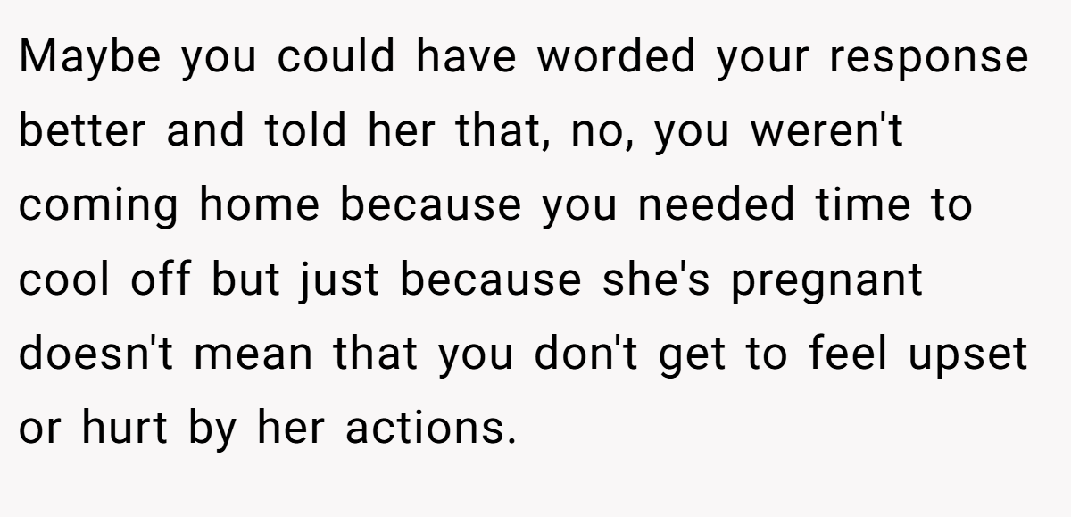 Maybe you could have worded your response better and told her that, no, you weren't coming home because you needed time to cool off but just because she's pregnant doesn't mean that you don't get to feel upset or hurt by her actions.