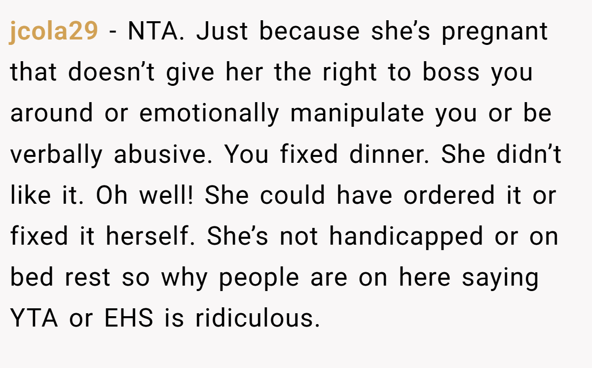 jcola29 − NTA. Just because she’s pregnant that doesn’t give her the right to boss you around or emotionally manipulate you or be verbally abusive. You fixed dinner. She didn’t like it. Oh well! She could have ordered it or fixed it herself. She’s not handicapped or on bed rest so why people are on here saying YTA or EHS is ridiculous.