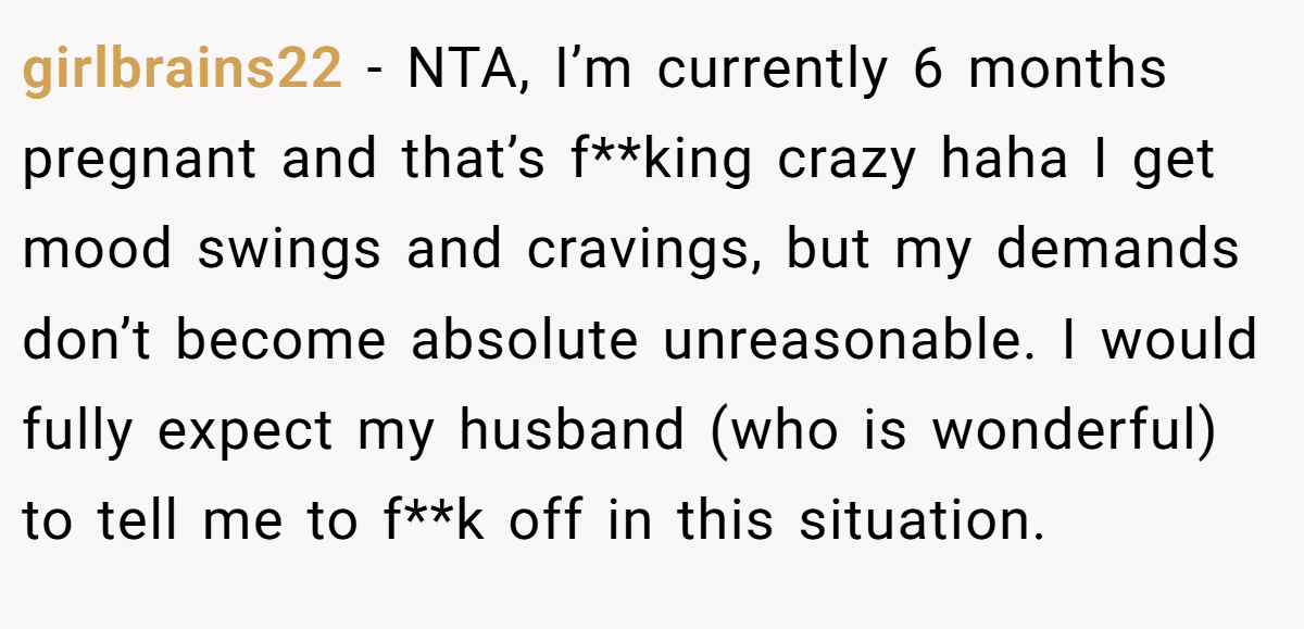 girlbrains22 − NTA, I’m currently 6 months pregnant and that’s f**king crazy haha I get mood swings and cravings, but my demands don’t become absolute unreasonable. I would fully expect my husband (who is wonderful) to tell me to f**k off in this situation.