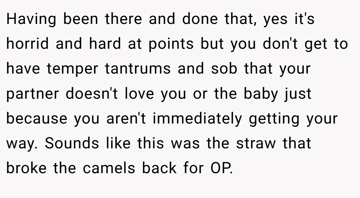 Having been there and done that, yes it's horrid and hard at points but you don't get to have temper tantrums and sob that your partner doesn't love you or the baby just because you aren't immediately getting your way. Sounds like this was the straw that broke the camels back for OP.