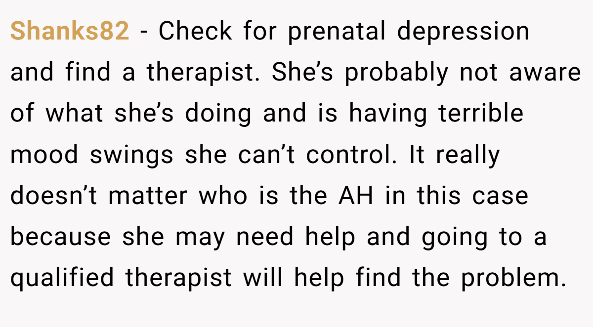 Shanks82 − Check for prenatal depression and find a therapist. She’s probably not aware of what she’s doing and is having terrible mood swings she can’t control. It really doesn’t matter who is the AH in this case because she may need help and going to a qualified therapist will help find the problem.