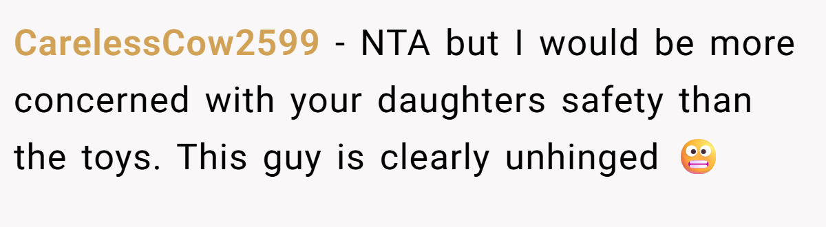 CarelessCow2599 − NTA but I would be more concerned with your daughters safety than the toys. This guy is clearly unhinged 😬