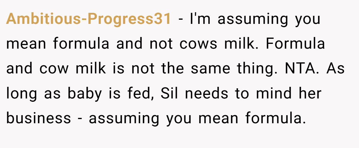 Ambitious-Progress31 − I'm assuming you mean formula and not cows milk. Formula and cow milk is not the same thing. NTA. As long as baby is fed, Sil needs to mind her business - assuming you mean formula.