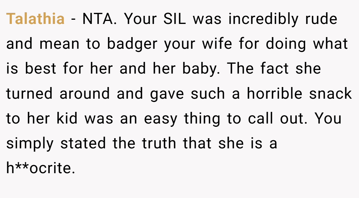 Talathia − NTA. Your SIL was incredibly rude and mean to badger your wife for doing what is best for her and her baby. The fact she turned around and gave such a horrible snack to her kid was an easy thing to call out. You simply stated the truth that she is a h**ocrite.