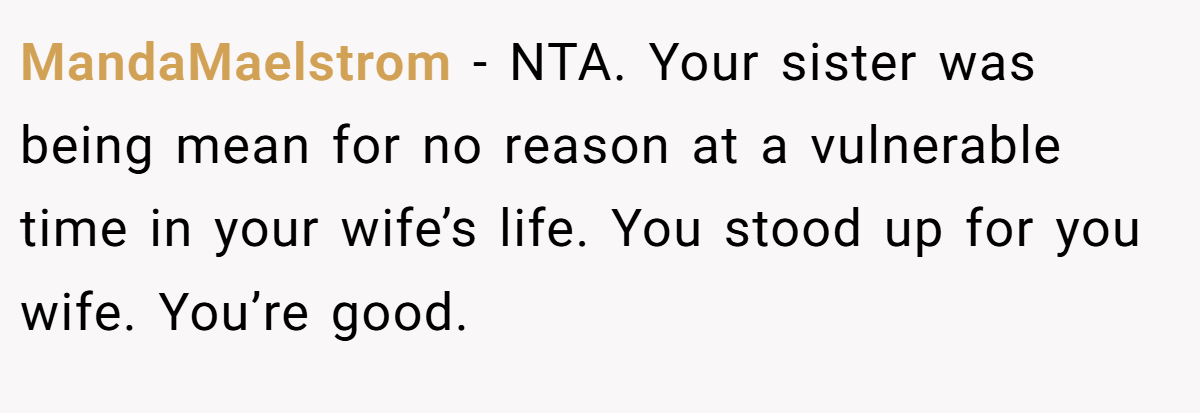 MandaMaelstrom − NTA. Your sister was being mean for no reason at a vulnerable time in your wife’s life. You stood up for you wife. You’re good.