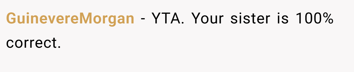 GuinevereMorgan − YTA. Your sister is 100% correct.
