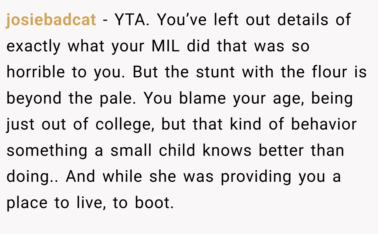 josiebadcat - YTA. You’ve left out details of exactly what your MIL did that was so horrible to you. But the stunt with the flour is beyond the pale. You blame your age, being just out of college, but that kind of behavior something a small child knows better than doing.. And while she was providing you a place to live, to boot.