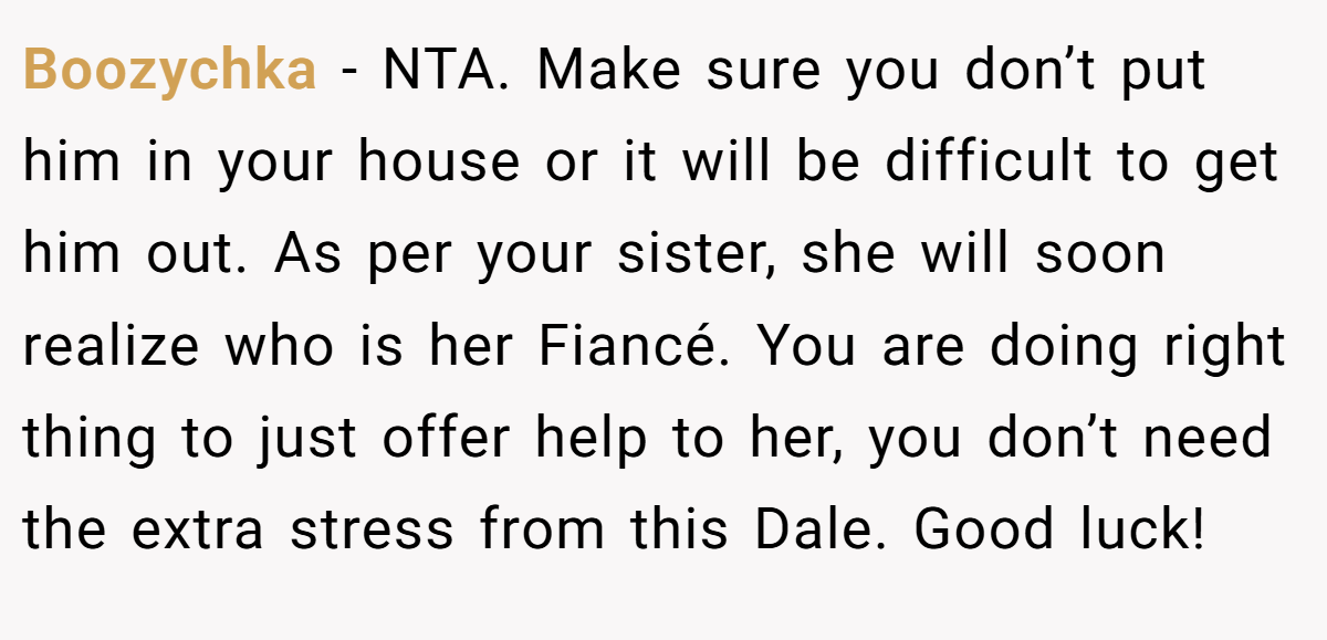 Boozychka − NTA. Make sure you don’t put him in your house or it will be difficult to get him out. As per your sister, she will soon realize who is her Fiancé. You are doing right thing to just offer help to her, you don’t need the extra stress from this Dale. Good luck!