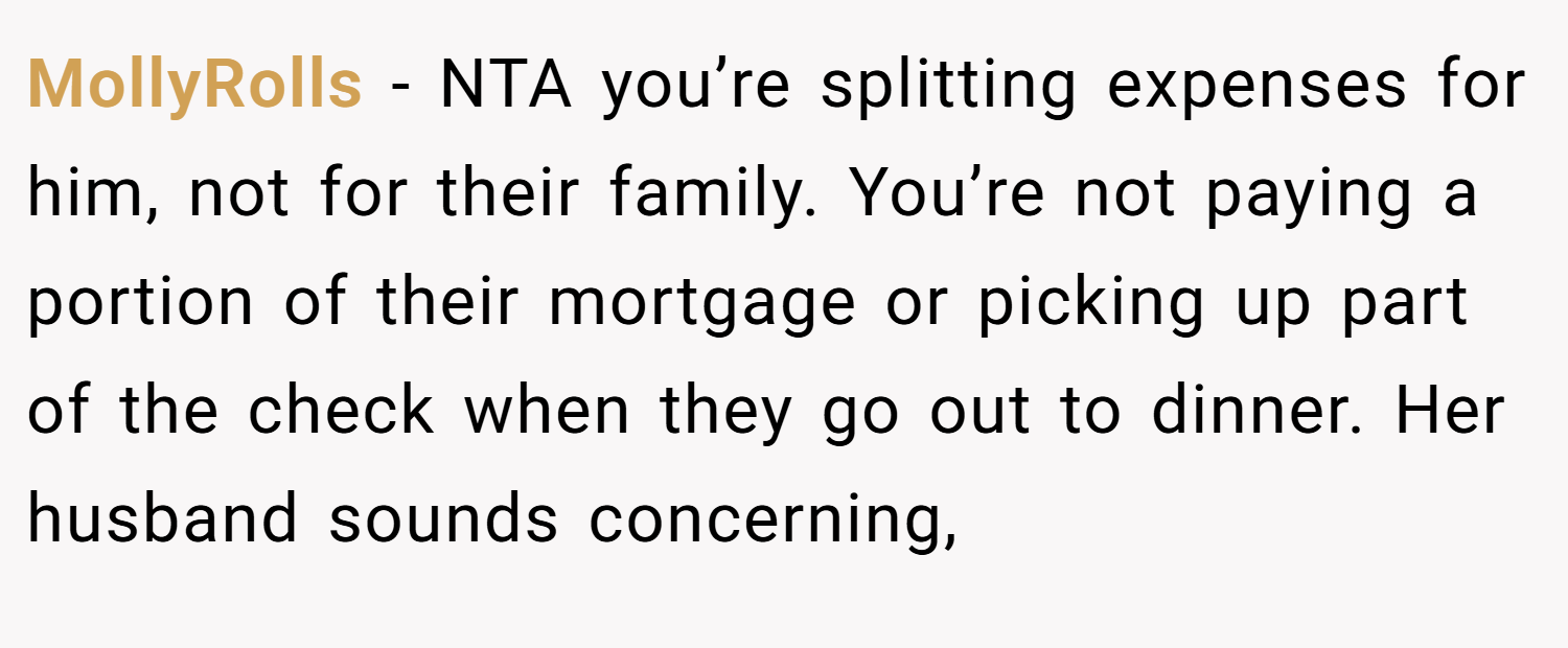 MollyRolls − NTA you’re splitting expenses for him, not for their family. You’re not paying a portion of their mortgage or picking up part of the check when they go out to dinner. Her husband sounds concerning,