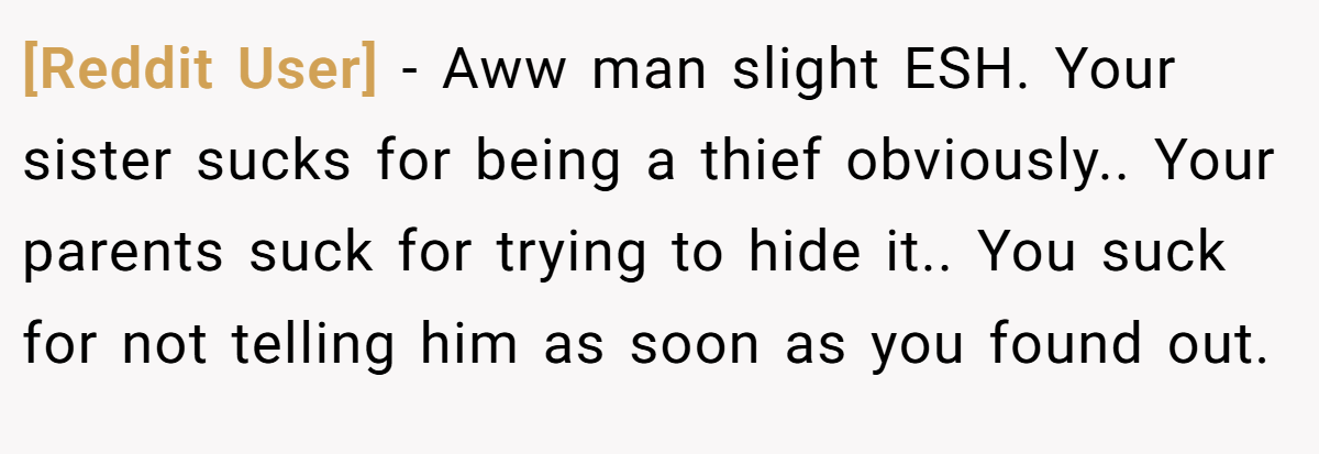 [Reddit User] − Aww man slight ESH. Your sister sucks for being a thief obviously.. Your parents suck for trying to hide it.. You suck for not telling him as soon as you found out.