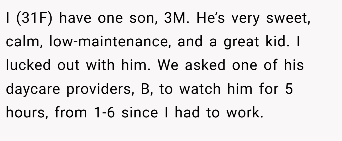 I (31F) have one son, 3M. He’s very sweet, calm, low-maintenance, and a great kid. I lucked out with him. We asked one of his daycare providers, B, to watch him for 5 hours, from 1-6 since I had to work.