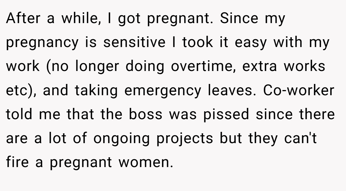 After a while, I got pregnant. Since my pregnancy is sensitive I took it easy with my work (no longer doing overtime, extra works etc), and taking emergency leaves. Co-worker told me that the boss was pissed since there are a lot of ongoing projects but they can't fire a pregnant women.