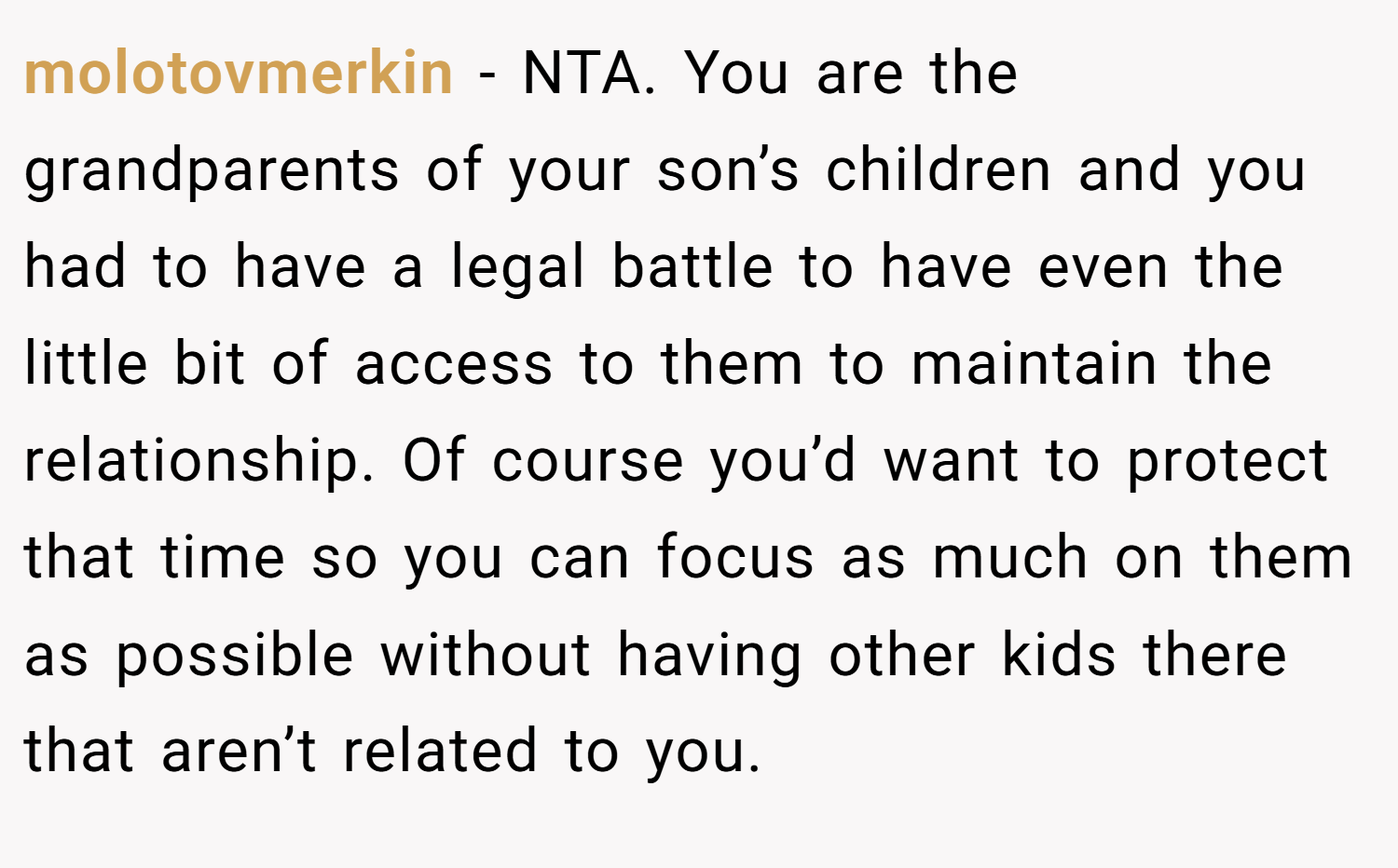 molotovmerkin − NTA. You are the grandparents of your son’s children and you had to have a legal battle to have even the little bit of access to them to maintain the relationship. Of course you’d want to protect that time so you can focus as much on them as possible without having other kids there that aren’t related to you.