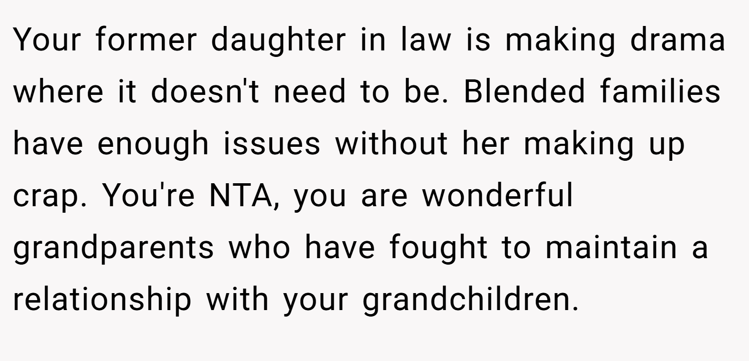 Your former daughter in law is making drama where it doesn't need to be. Blended families have enough issues without her making up crap. You're NTA, you are wonderful grandparents who have fought to maintain a relationship with your grandchildren.