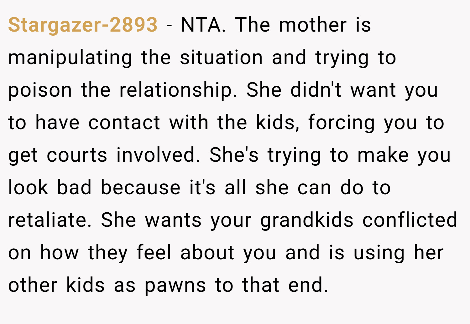 Stargazer-2893 − NTA. The mother is manipulating the situation and trying to poison the relationship. She didn't want you to have contact with the kids, forcing you to get courts involved. She's trying to make you look bad because it's all she can do to retaliate. She wants your grandkids conflicted on how they feel about you and is using her other kids as pawns to that end.