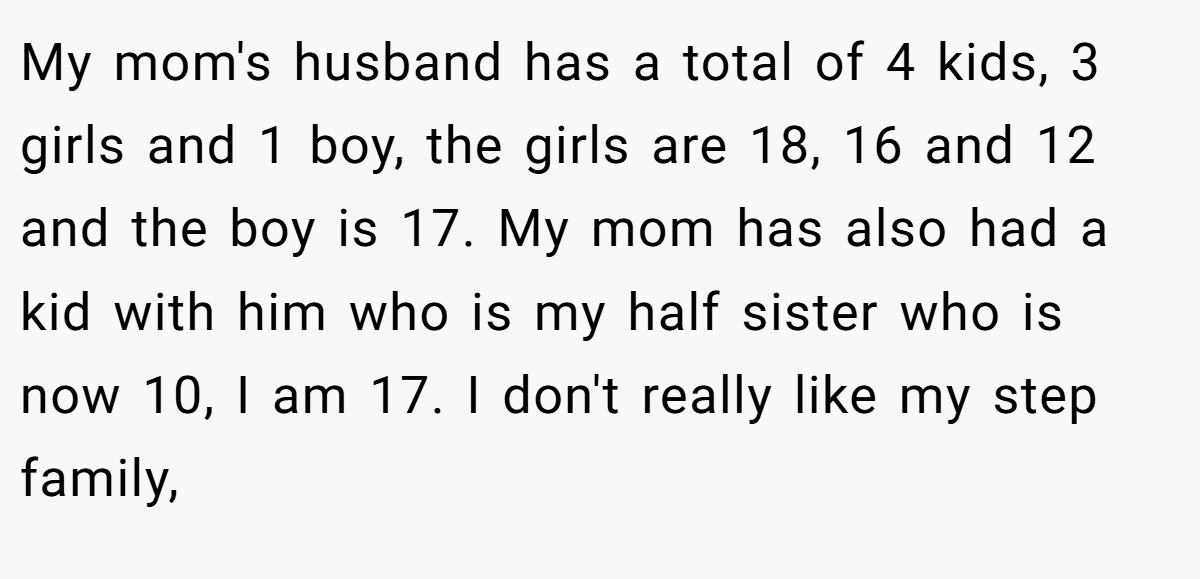 My mom's husband has a total of 4 kids, 3 girls and 1 boy, the girls are 18, 16 and 12 and the boy is 17. My mom has also had a kid with him who is my half sister who is now 10, I am 17. I don't really like my step family,