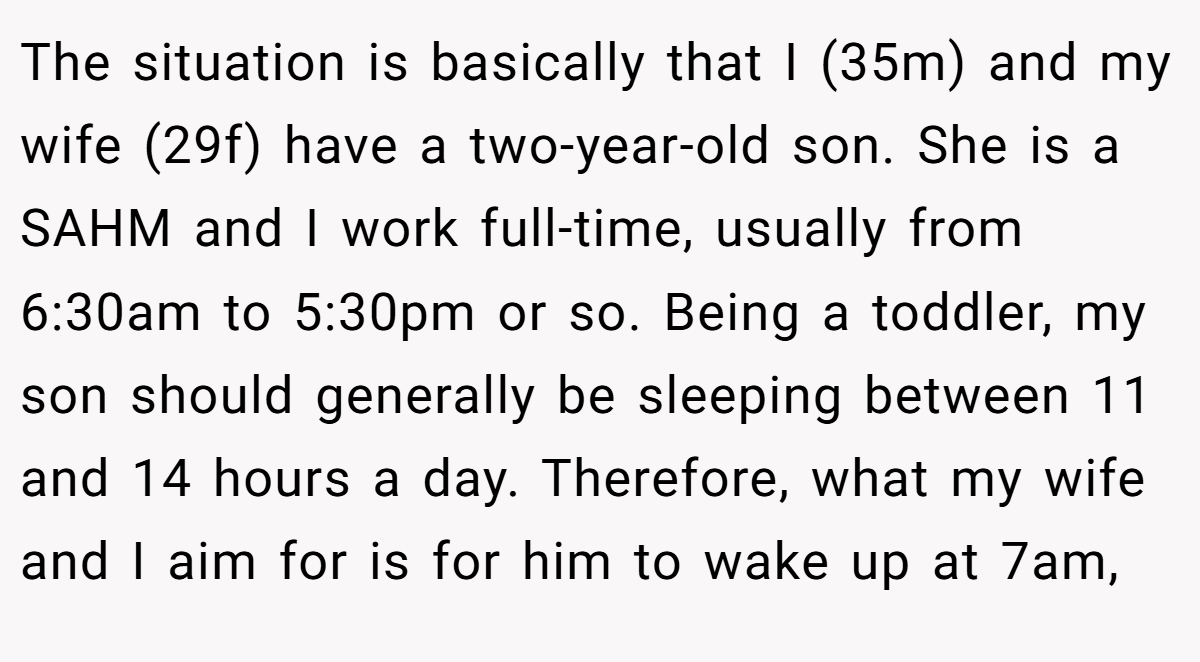 The situation is basically that I (35m) and my wife (29f) have a two-year-old son. She is a SAHM and I work full-time, usually from 6:30am to 5:30pm or so. Being a toddler, my son should generally be sleeping between 11 and 14 hours a day. Therefore, what my wife and I aim for is for him to wake up at 7am,