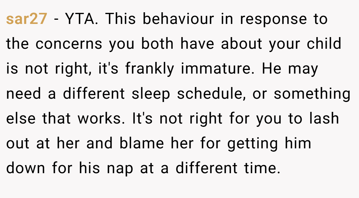 sar27 − YTA. This behaviour in response to the concerns you both have about your child is not right, it's frankly immature. He may need a different sleep schedule, or something else that works. It's not right for you to lash out at her and blame her for getting him down for his nap at a different time.