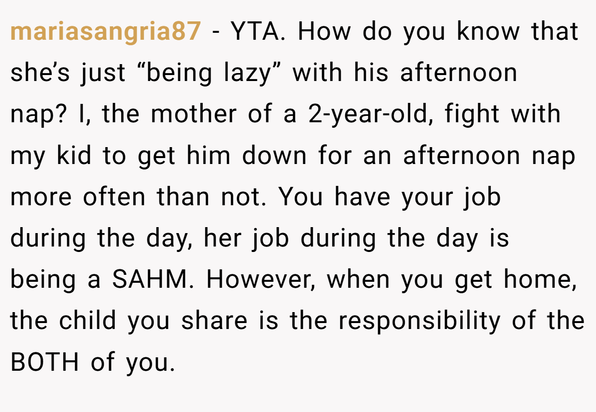 mariasangria87 − YTA. How do you know that she’s just “being lazy” with his afternoon nap? I, the mother of a 2-year-old, fight with my kid to get him down for an afternoon nap more often than not. You have your job during the day, her job during the day is being a SAHM. However, when you get home, the child you share is the responsibility of the BOTH of you.