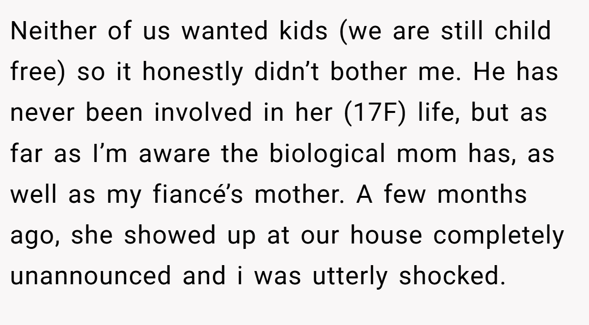 Neither of us wanted kids (we are still child free) so it honestly didn’t bother me. He has never been involved in her (17F) life, but as far as I’m aware the biological mom has, as well as my fiancé’s mother. A few months ago, she showed up at our house completely unannounced and i was utterly shocked.