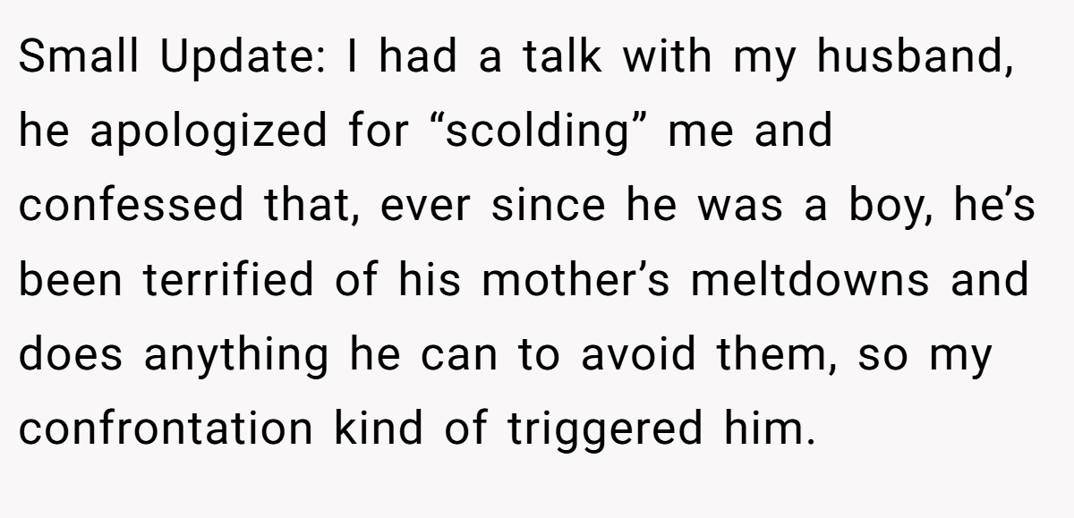Small Update: I had a talk with my husband, he apologized for “scolding” me and confessed that, ever since he was a boy, he’s been terrified of his mother’s meltdowns and does anything he can to avoid them, so my confrontation kind of triggered him.