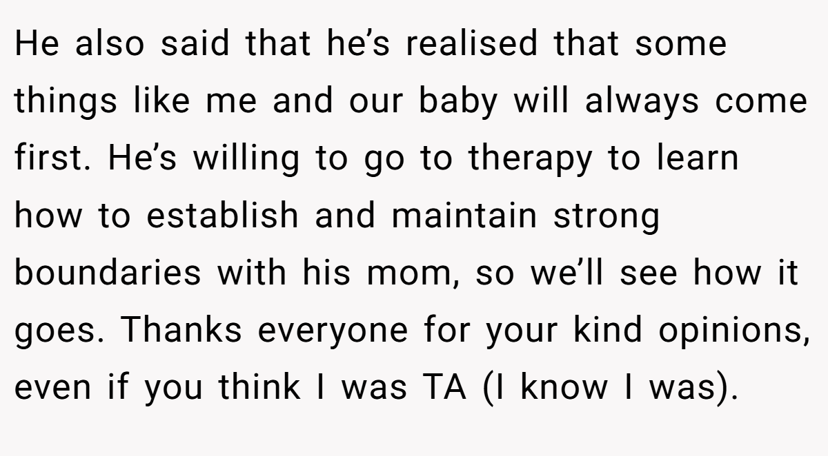 He also said that he’s realised that some things like me and our baby will always come first. He’s willing to go to therapy to learn how to establish and maintain strong boundaries with his mom, so we’ll see how it goes. Thanks everyone for your kind opinions, even if you think I was TA (I know I was).