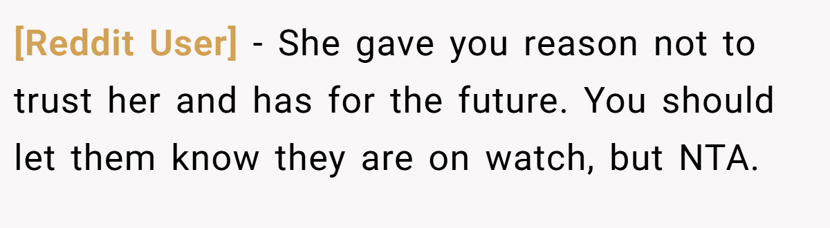 [Reddit User] − She gave you reason not to trust her and has for the future. You should let them know they are on watch, but NTA.