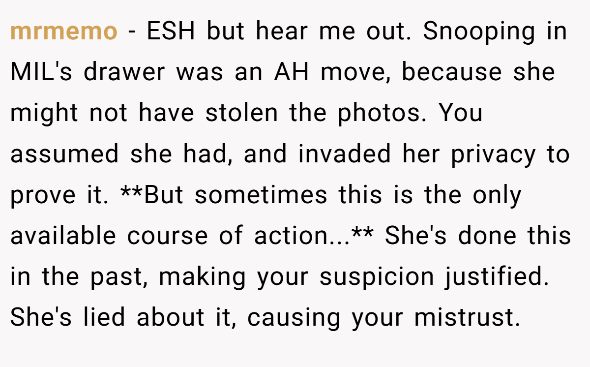 mrmemo − ESH but hear me out. Snooping in MIL's drawer was an AH move, because she might not have stolen the photos. You assumed she had, and invaded her privacy to prove it. **But sometimes this is the only available course of action...** She's done this in the past, making your suspicion justified. She's lied about it, causing your mistrust.