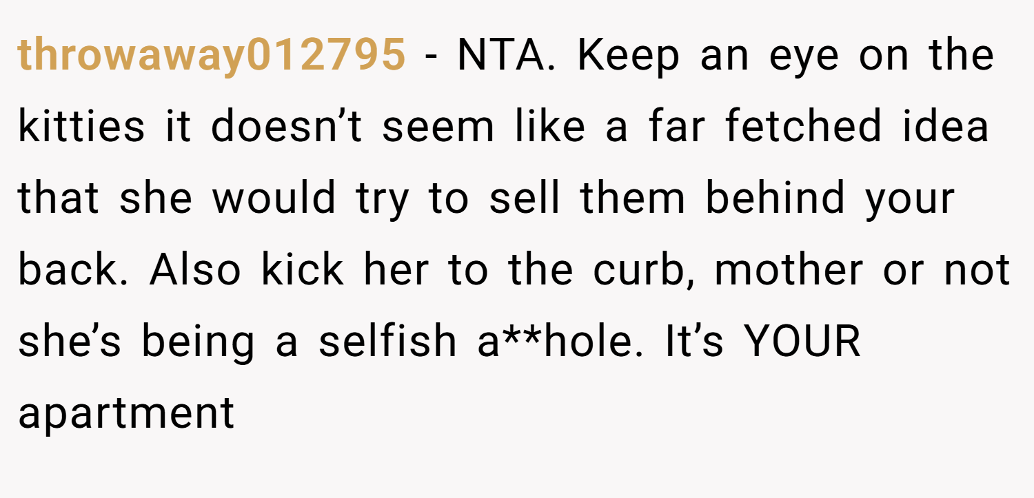 throwaway012795 − NTA. Keep an eye on the kitties it doesn’t seem like a far fetched idea that she would try to sell them behind your back. Also kick her to the curb, mother or not she’s being a selfish a**hole. It’s YOUR apartment