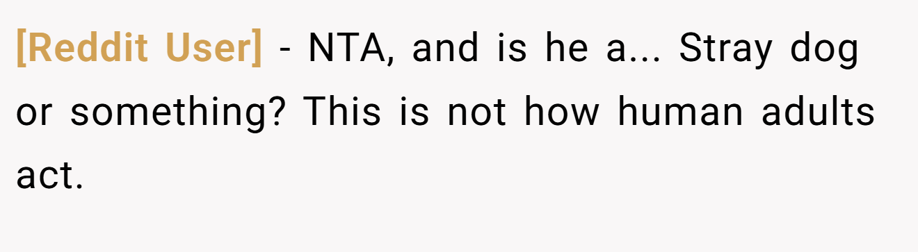 [Reddit User] - NTA, and is he a... Stray dog or something? This is not how human adults act.