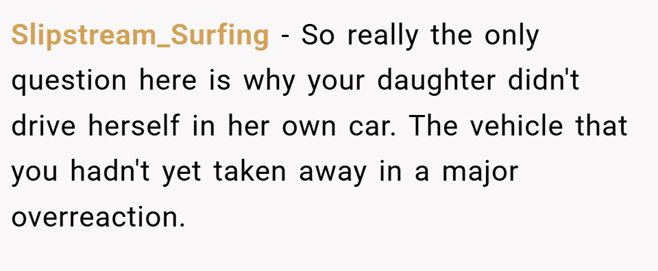 Slipstream_Surfing − So really the only question here is why your daughter didn't drive herself in her own car. The vehicle that you hadn't yet taken away in a major overreaction.