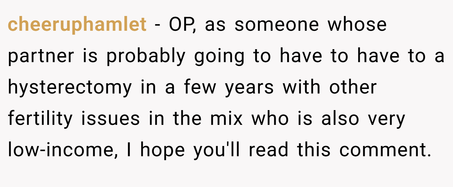 cheeruphamlet − OP, as someone whose partner is probably going to have to have to a hysterectomy in a few years with other fertility issues in the mix who is also very low-income, I hope you'll read this comment.