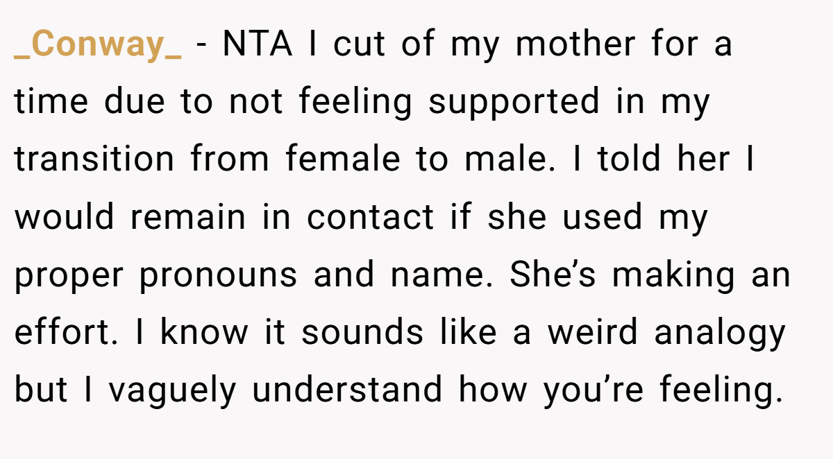_Conway_ − NTA I cut of my mother for a time due to not feeling supported in my transition from female to male. I told her I would remain in contact if she used my proper pronouns and name. She’s making an effort. I know it sounds like a weird analogy but I vaguely understand how you’re feeling.
