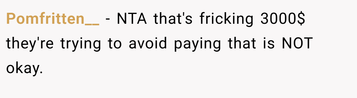 Pomfritten__ − NTA that's fricking 3000$ they're trying to avoid paying that is NOT okay.