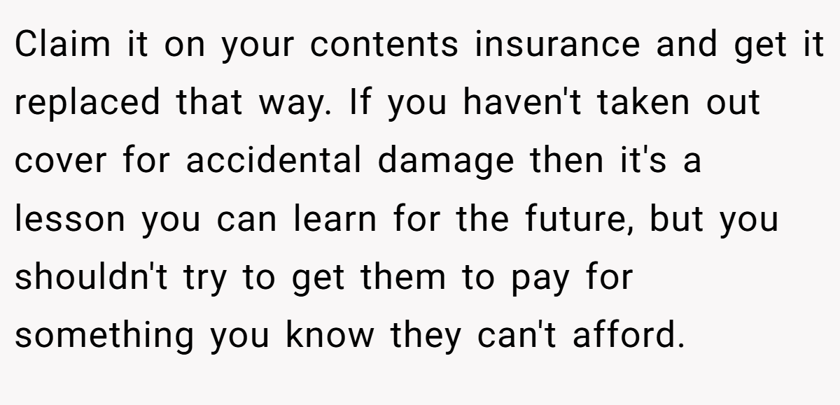 Claim it on your contents insurance and get it replaced that way. If you haven't taken out cover for accidental damage then it's a lesson you can learn for the future, but you shouldn't try to get them to pay for something you know they can't afford.