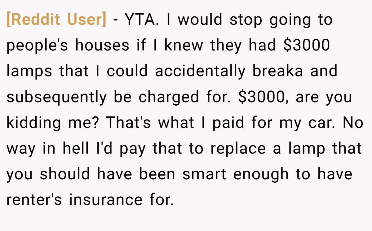 [Reddit User] − YTA. I would stop going to people's houses if I knew they had $3000 lamps that I could accidentally breaka and subsequently be charged for. $3000, are you kidding me? That's what I paid for my car. No way in hell I'd pay that to replace a lamp that you should have been smart enough to have renter's insurance for.