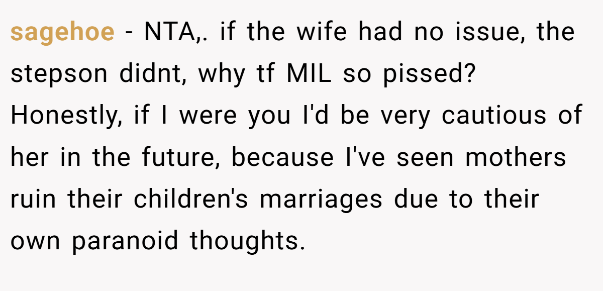 sagehoe − NTA,. if the wife had no issue, the stepson didnt, why tf MIL so pissed? Honestly, if I were you I'd be very cautious of her in the future, because I've seen mothers ruin their children's marriages due to their own paranoid thoughts.
