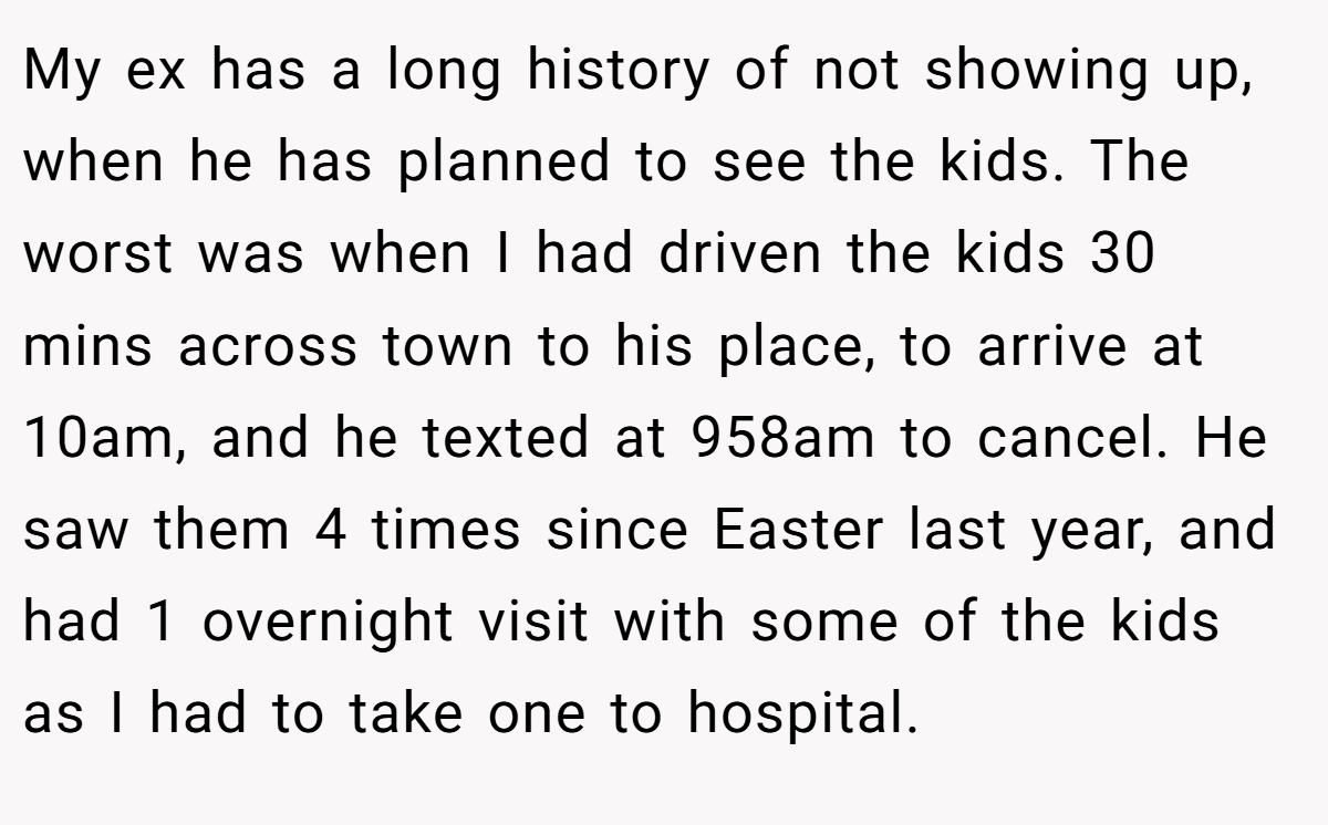 My ex has a long history of not showing up, when he has planned to see the kids. The worst was when I had driven the kids 30 mins across town to his place, to arrive at 10am, and he texted at 958am to cancel. He saw them 4 times since Easter last year, and had 1 overnight visit with some of the kids as I had to take one to hospital.