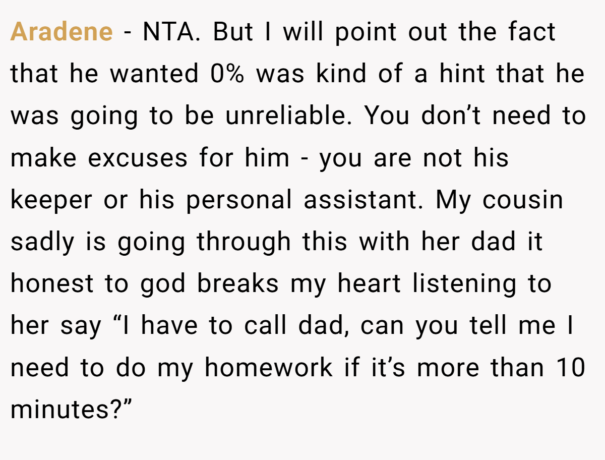 Aradene − NTA. But I will point out the fact that he wanted 0% was kind of a hint that he was going to be unreliable. You don’t need to make excuses for him - you are not his keeper or his personal assistant. My cousin sadly is going through this with her dad it honest to god breaks my heart listening to her say “I have to call dad, can you tell me I need to do my homework if it’s more than 10 minutes?”