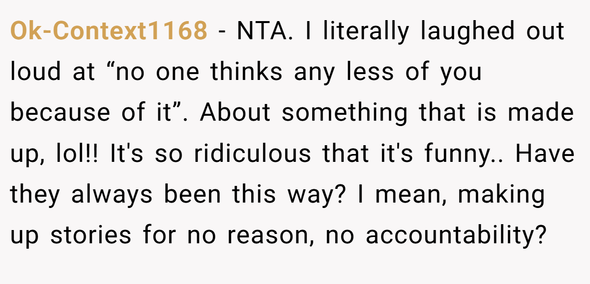 Ok-Context1168 − NTA. I literally laughed out loud at “no one thinks any less of you because of it”. About something that is made up, lol!! It's so ridiculous that it's funny.. Have they always been this way? I mean, making up stories for no reason, no accountability?