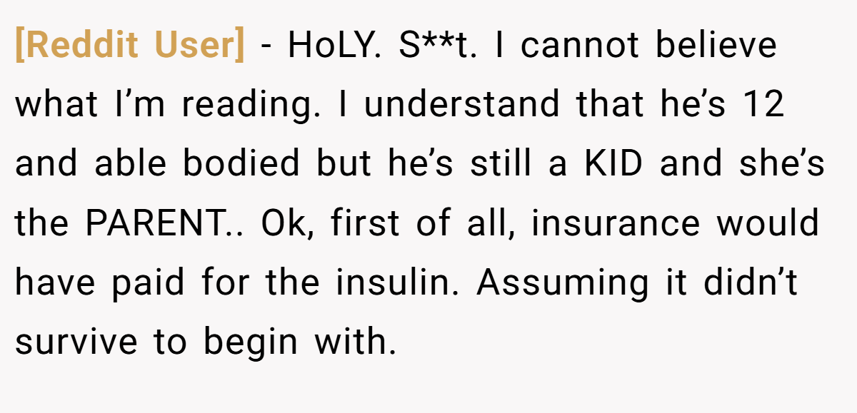 [Reddit User] − HoLY. S**t. I cannot believe what I’m reading. I understand that he’s 12 and able bodied but he’s still a KID and she’s the PARENT.. Ok, first of all, insurance would have paid for the insulin. Assuming it didn’t survive to begin with.