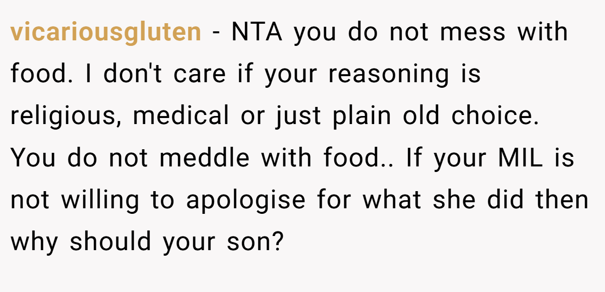 vicariousgluten − NTA you do not mess with food. I don't care if your reasoning is religious, medical or just plain old choice. You do not meddle with food.. If your MIL is not willing to apologise for what she did then why should your son?